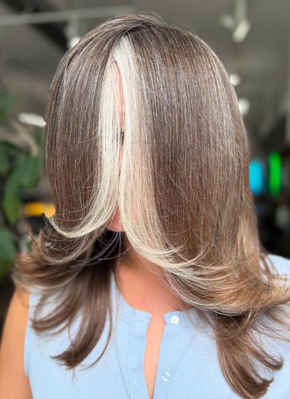 Dimensional brunette with a bright face frame, color by Christina at Good Beauty Chicago